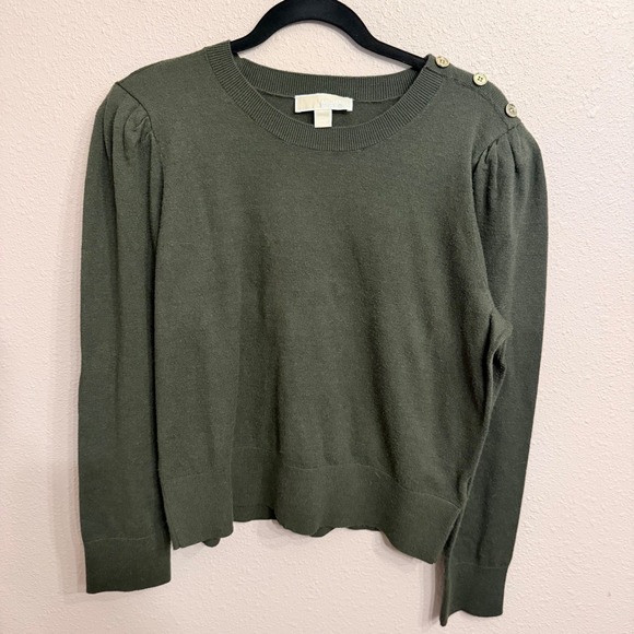Michael Kors Sweaters - Michael Kors Womens XL Olive Green Puff Sleeve Button Shoulder Crewneck Sweater